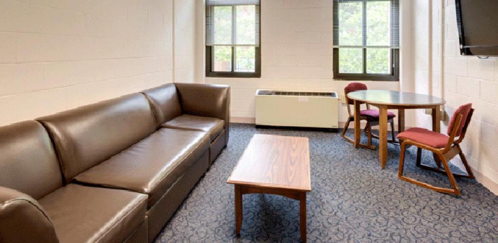 Study room with a sofa, coffee table, a table and chairs, and a TV monitor on the wall. Two glass windows on one wall.